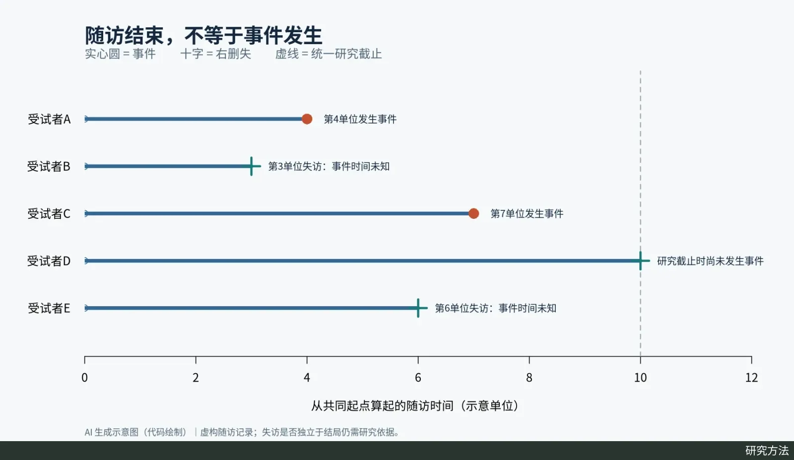 多名受试者从统一起点进入随访，时间线分别以事件、失访和研究截止符号结束。