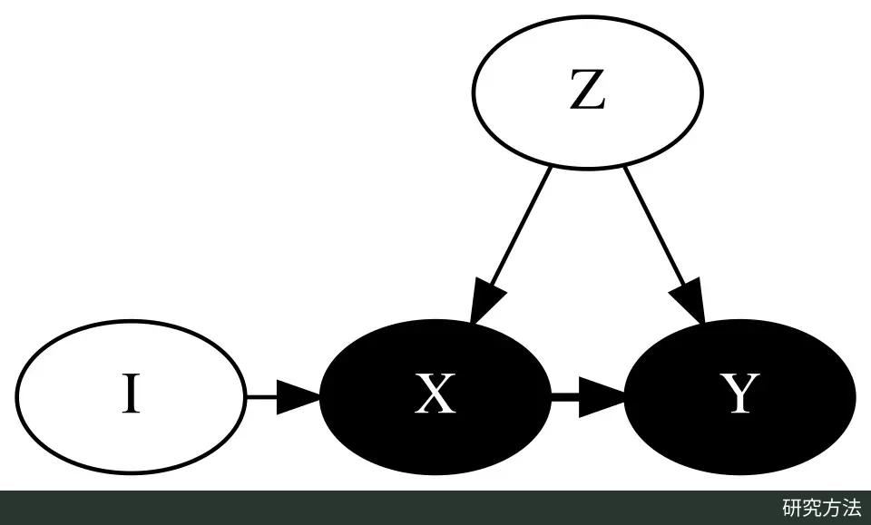 因果图:I 指向 X,X 以粗箭头指向 Y,Z 同时指向 X 和 Y;X、Y 为黑底白字节点