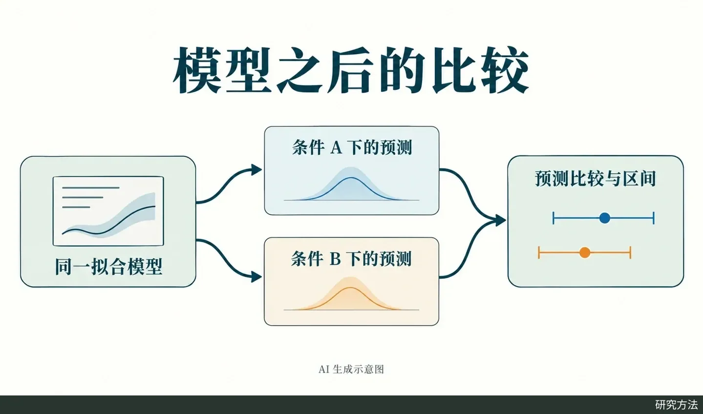 同一拟合模型分出两种条件下的预测，再汇合为差异估计与不确定性区间
