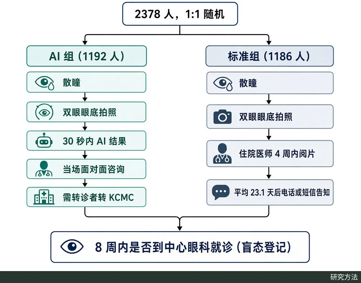 两列流程对比图：左列 AI 组拍照后 30 秒出结果并当面咨询，右列标准组 4 周内人工阅片后电话告知